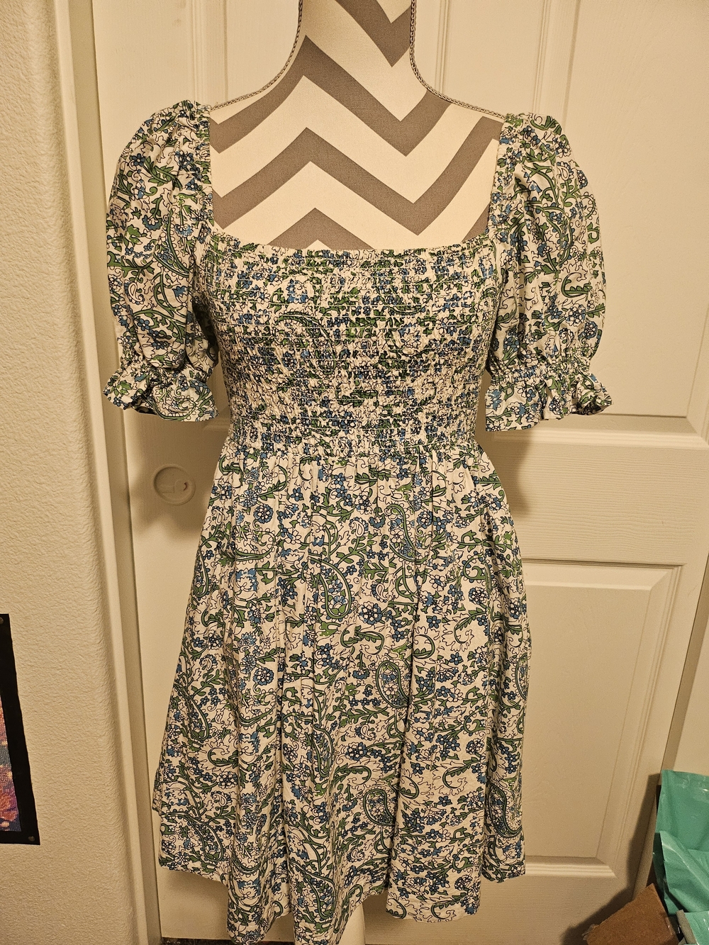 Smocked Square-Neck Mini Dress in White with Blue & Green Paisley